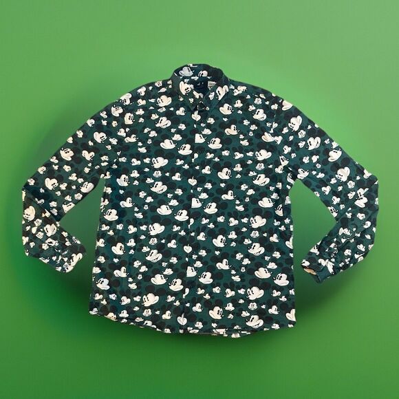 H&M x Disney Mickey Mouse Face Button Shirt Dark Green Regular Fit Mens Large - Picture 1 of 7
